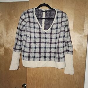 Ann Taylor Cream and Black Plaid V-Neck Sweater